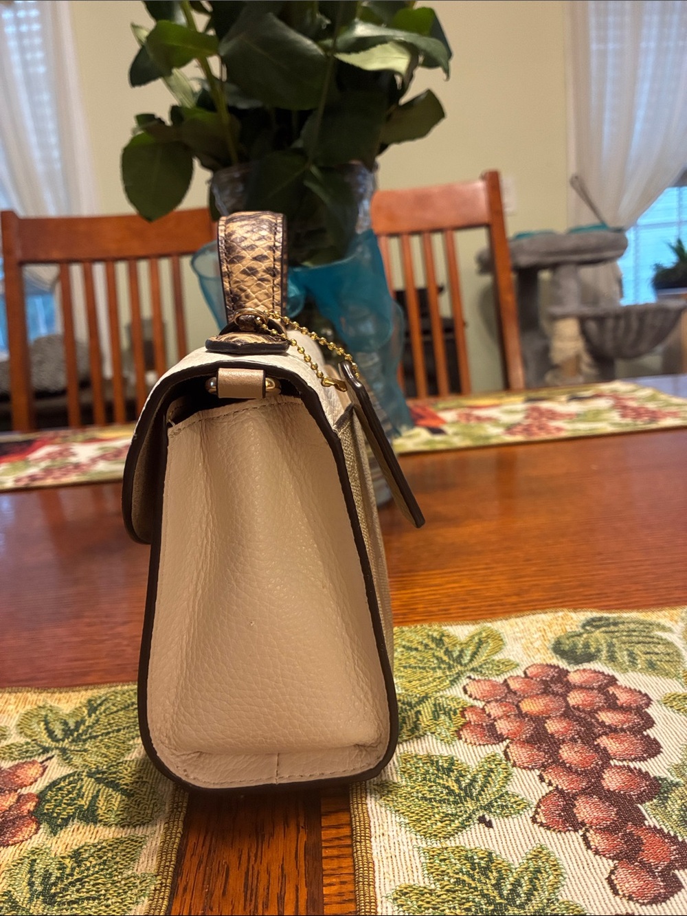 Coach Beige Signature Canvas Satchel with White Flap and Snake-Print Trim CA427 - Picture 3 of 9